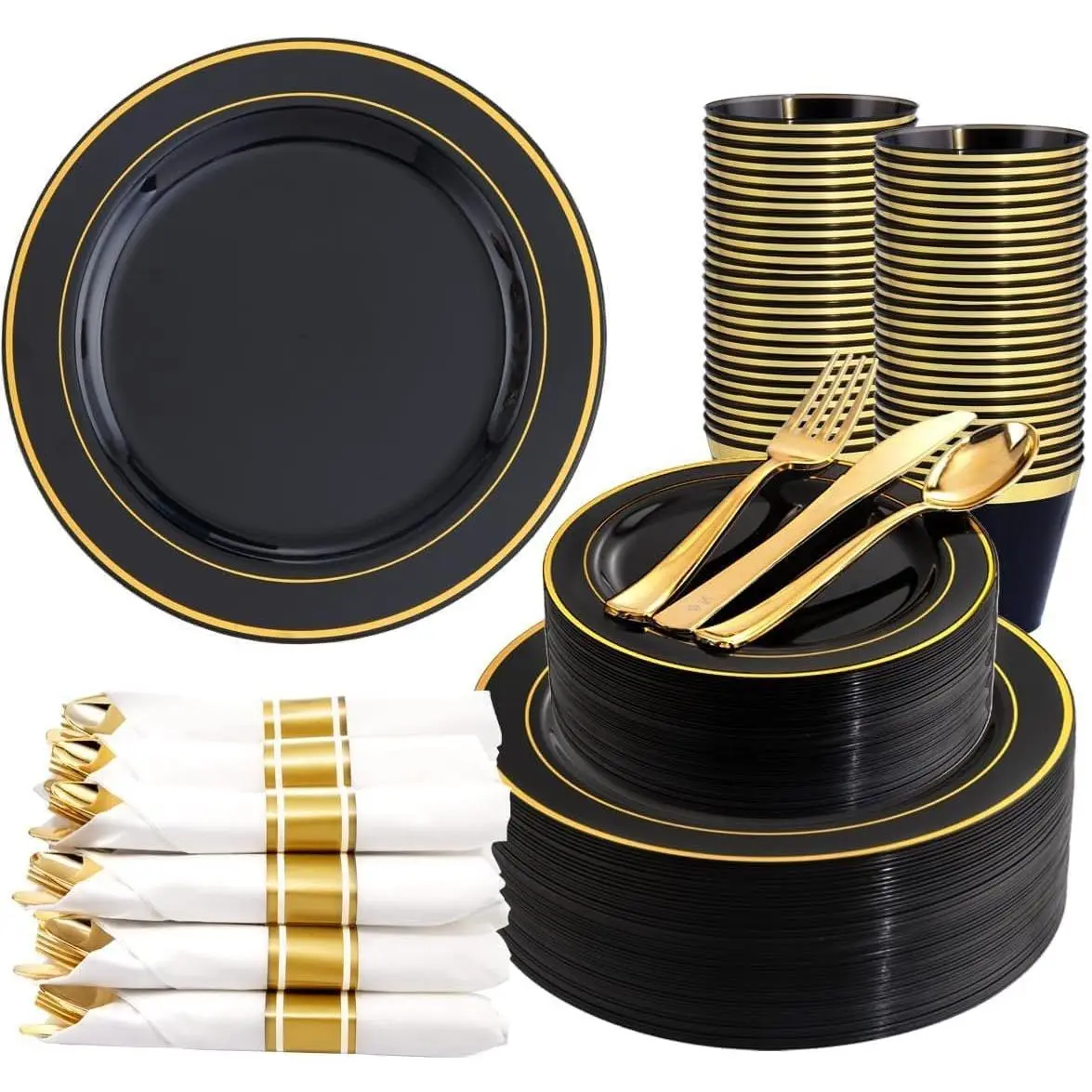 350 count Black and  Plastic Plates with Disposable Silverware, Include 50 Dinner Plates 9", 50 Dessert Plates 6.3", 50 Black Cups 9 OZ, 50 Pre Rolled Napkins for Wedding Party Graduation