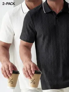 Men's Solid Color Plain Jacquard Knits Polo Shirt, Regular Fit Casual Breathable Short Sleeve Collared Top for Summer, Fashion Men's Clothes for Daily Wear, Menswear