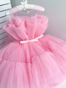 Girl's Solid Belted Tiered Layer Fit and Flare Party Dress, Elegant Sleeveless Round Neck Dress for Party Wedding Guest, Kids Clothes for All Seasons