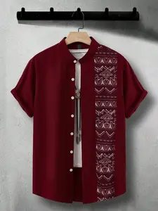 Men's casual and stylish short-sleeved shirt, slim fit, small stand-up collar, retro Vintage Graphic pattern design, romantic style, suitable for vacations, casual occasions, social gatherings, commuting, celebrations and holiday gifts, Menswear