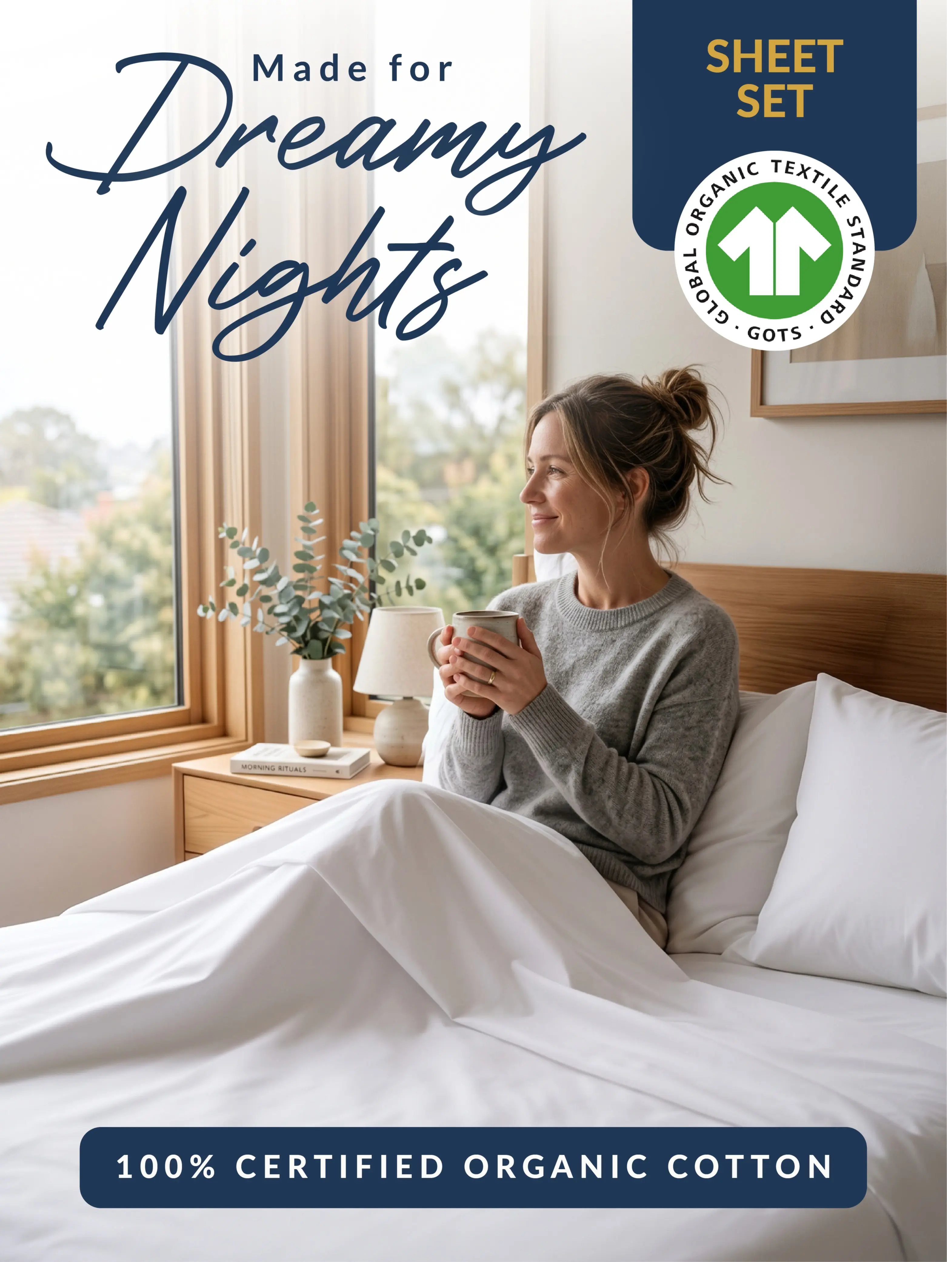 Lane Linen 100% Organic Cotton Percale Bedding Set - 15" Deep-Fit Hold Deep-Pocket Fitted Sheet, Durable, Reuse-Bag Eco Pack, Breathable Hotel Quality Sheets, Low-Tox, Twin XL/California King Dorm Essentials, Home Decor
