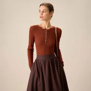 RIHOAS Women's Brown Round Neck Button Front Knit Slim Sweater Long Sleeve Aesthetic  Girl Chic Lady Comfort Casual Crewneck Tops