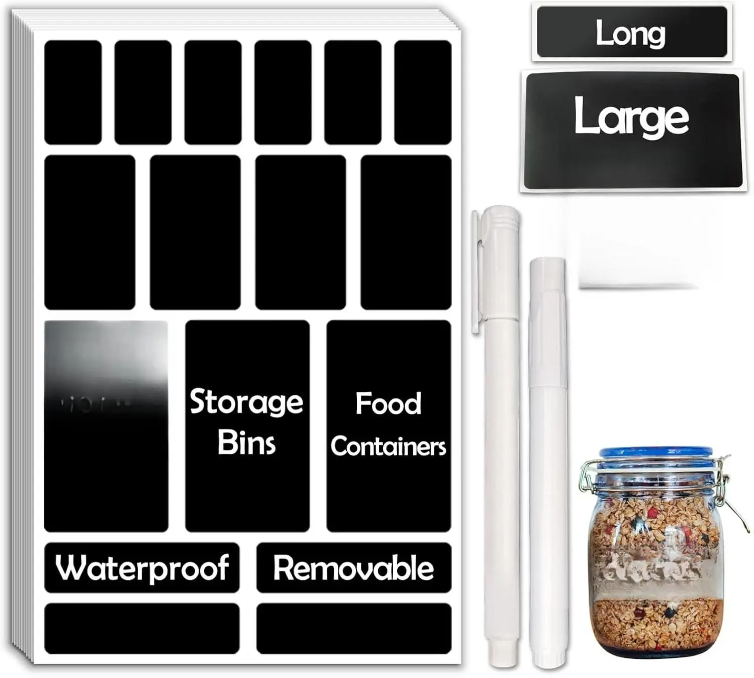 170Pcs Black Removable Waterproof Write-On Self-Adhesive Labels with 2 Liquid Chalk Markers - Office Stationery & Accessories for Closet, Home, Efficient File Organization, Keeps Workspace Tidy, Closet Organization, Kitchen Organization