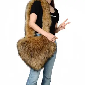 Faux Fur-ever Brown Raccoon Furry Fur Heart Shape Oversized Tote Bags For Women With Long Shoulder Fur Straps