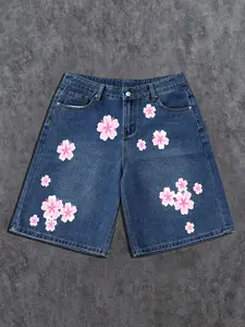 Men's Casual Denim Shorts, Deep Blue Jean Base with Cherry Blossom Print, Floral, Loose Fit High Waist, All Seasons, Floral Print Jeans