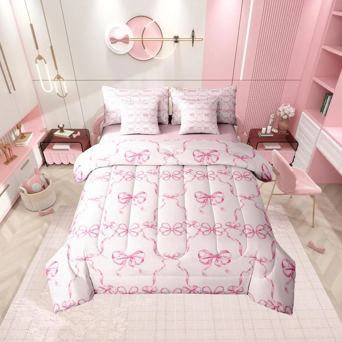 Feelyou Girls' 7-Piece Microfiber Bedding Set - Bowknot Design Cozy Chic Blanket, Kawaii Coquette Quilt, Ribbon Bow Breathable Sheets, Multi-Size, Ideal for Halloween, Father's Day, Thanksgiving, Valentine's Day Gifts, Toddler Use