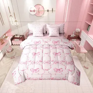 Girly Bowknot 7 Piece Bedding Set,Bow Comforter Set,Ribbon Bow Kawaii Coquette Bed in a Bag Quilt Breathable