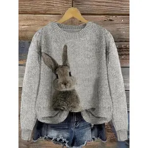 Cozy light blue and white women’s casual rabbit print color-block crewneck pullover sweater | Medium stretch, relaxed fit, quality stitching, trendy wear, seasonal clothing womenswear hoodie