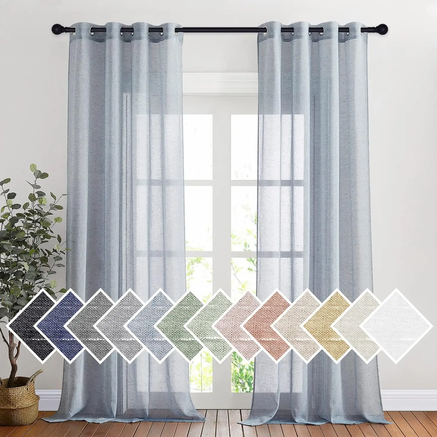 NICETOWN Grommet Sheer Curtains Natural Linen Blend Texture, Privacy with Enough Light Through Semitransparent Sheer Drapes for Children Room and Bedroom, 2 PCs