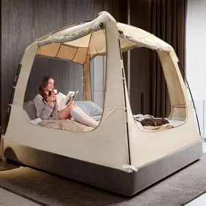 Breathable 100% Bed Tent Canopy — Sleep Dream Tents for Adults & Kids, Light Reduction, Indoor Portable Large Space, with string lights; available in Twin, Full, Queen, and King sizes, 4 doors