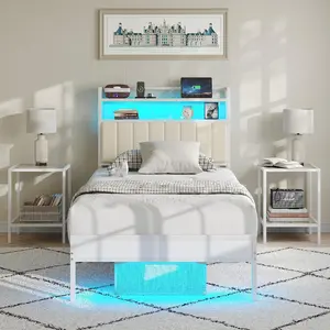 Twin Size Bed Frame with Charging Station and LED Lights, Metal Bed Frame with Headboard, Black Upholstered Headboard with 2-Tier Storage Shelves, Noise Free, No Box Spring Needed, Black