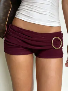 Women's Retro Metal Buckle Pleated Low Waist Shorts, Wine Slim Fit Casual Fashion Hot Pants for Fall & Winter, Bohemian Casual Shorts