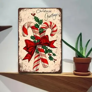 2D Flat, Vintage Metal Wall Decor, Home Decor Ornament - 8x12 Inch Rustic Farmhouse Christmas Decoration with Candy Cane, Holly Berry Wreath & Red Bow - Iron Holiday Sign for Home, Garden - No Electricity Needed, Easy Hanging - Perfect Christmas Gi