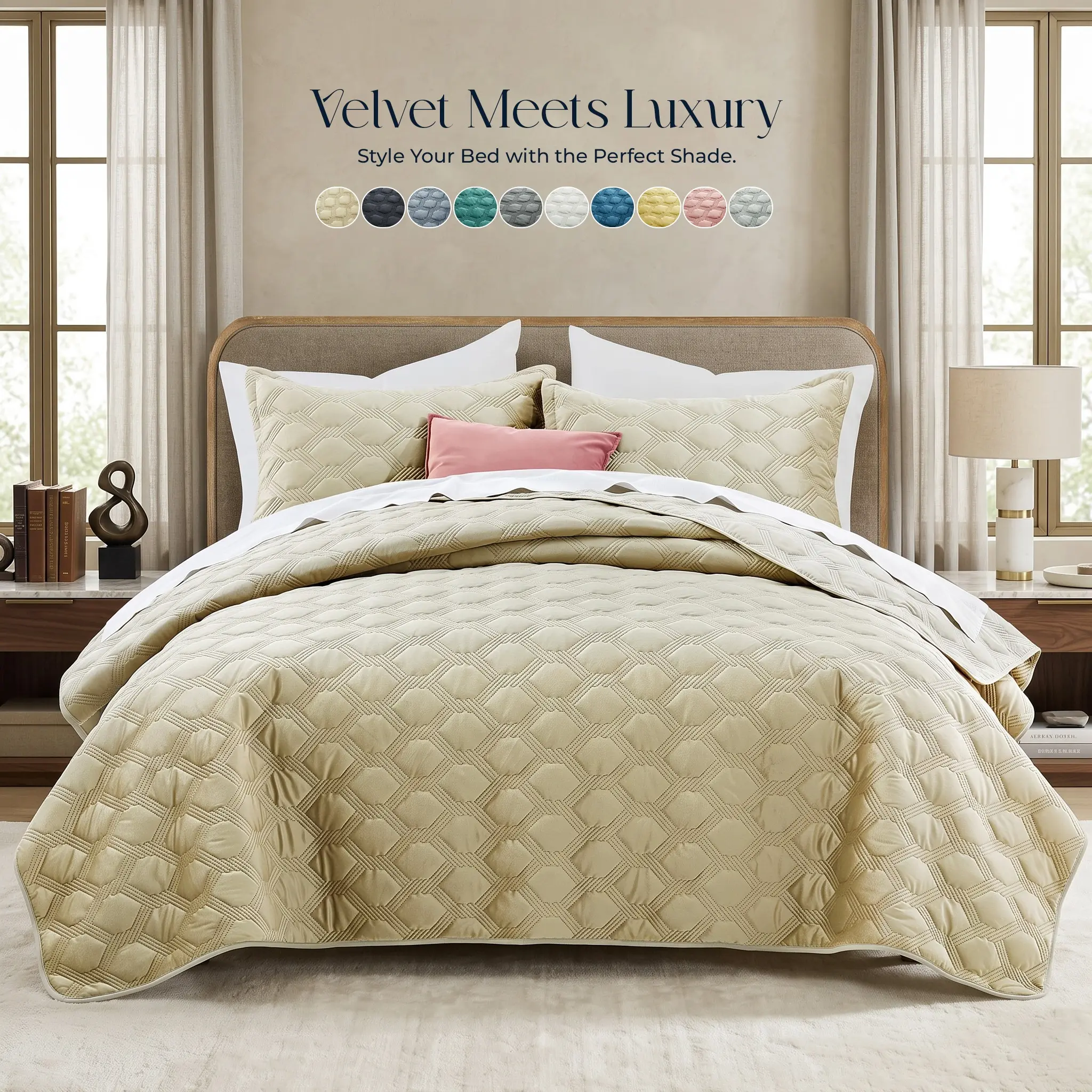 Oxford Homeware Lydia Ultrasonic Embossed Velvet Bedspread Set – Soft Microfiber Quilted Bedding, Lightweight Bedspread with Pillow Sham(s), Wrinkle & Fade Resistant, Machine Washable, Twin, Full/Queen & King sizes
