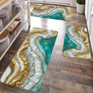 JIT 2/3pcs Kitchen Marble Green and gold carpet Kitchen carpet set, Washable kitchen rugs, Flannel bedside floor mat anti-slip washable soft carpet, suitable for kitchen, laundry room, corridor