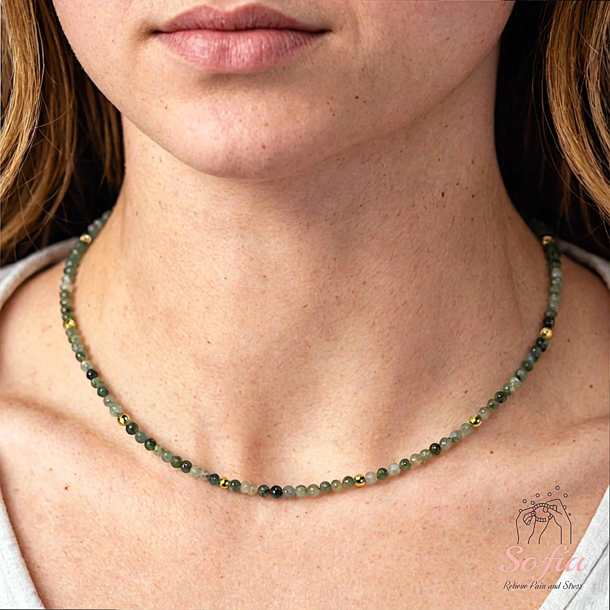 Women's Handmade Adjustable Delicate Moss Agate Natural Stone Beaded Choker Necklace - Tiny Smooth Waterproof Crystal Jewelry, Minimalist Style Gift for Her, Natural Stones Necklaces, Beaded Necklace