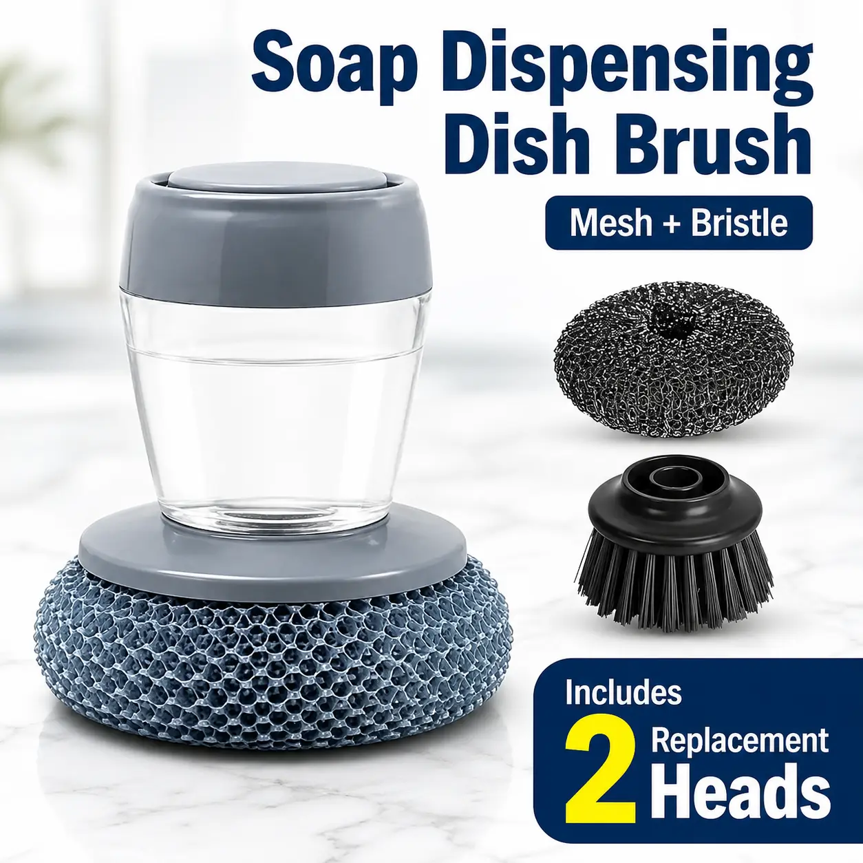 Comfortable Palm Scrub Brush with Soap Dispenser & 2 Replacement Heads, Heavy-Duty Dish Scrubber with Soap Reservoir, Ergonomic Kitchen Cleaning Tool for Cookware & Sink