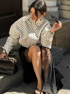 Women's Polka Dot Print Stand Collar Long Sleeve Adjustable Drawstring Front Zipper Pocket Short Jacket Coat, Stylish Casual Outerwear for Daily Wear Fit