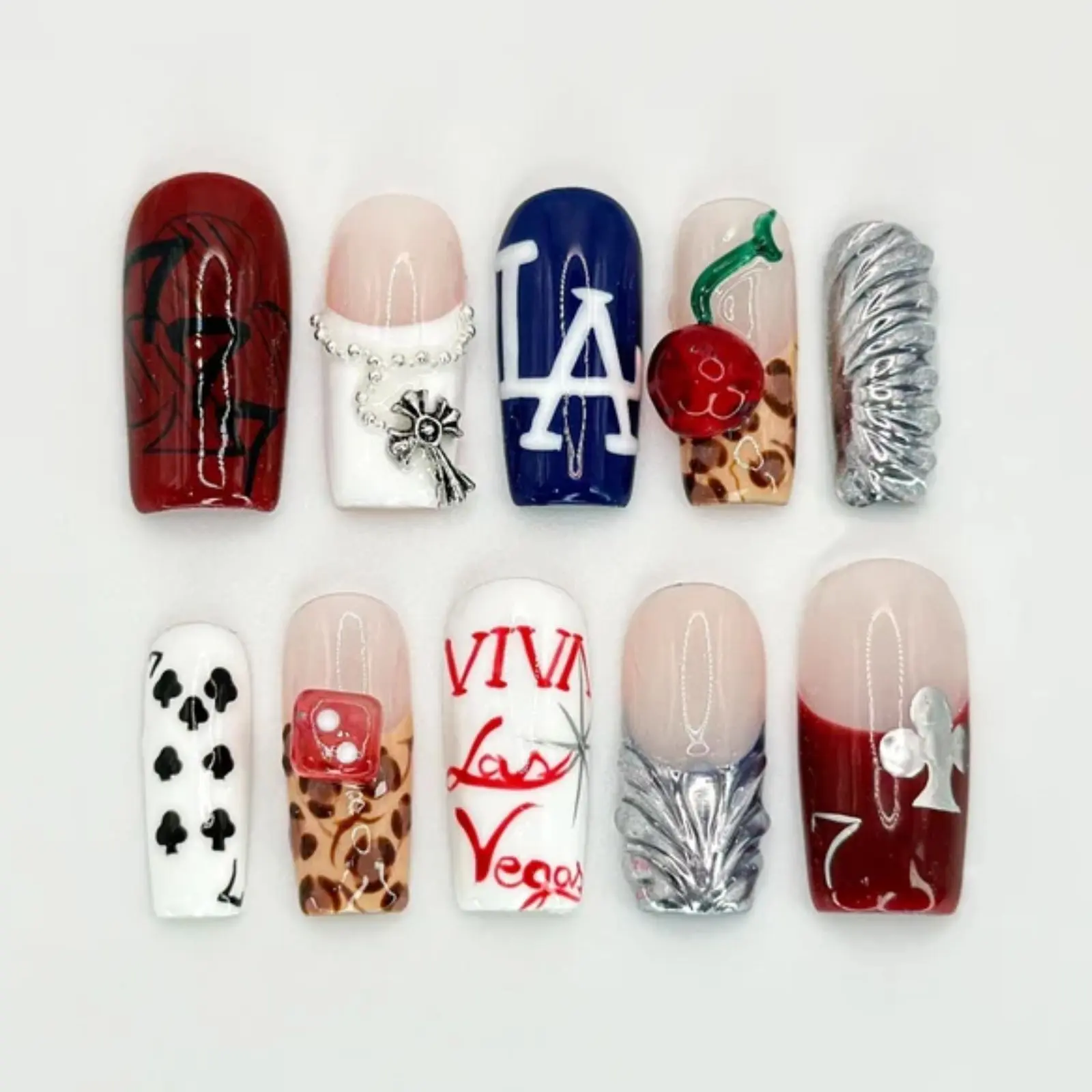 LA Street Vibe Press On Nails | Luxury Nail Art with LA, Dice & Cards Themes | Custom Vegas Style Nail Set