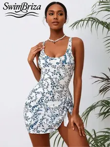 Briza｜Scoop Neck One Piece Swimsuit For Women In White Blue Floral Print, Vacation Swimwear For Women And Bathing Suits For Women, Women'S Swimsuits With Tummy Control Swimwear And Side Tie Skirt For Cute Swimsuits For Women With Confidence