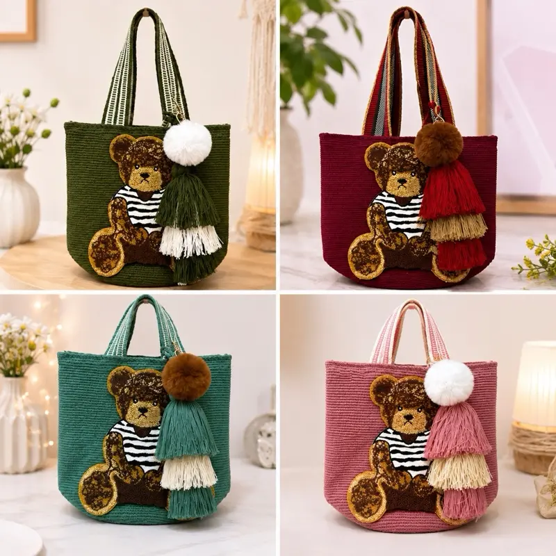Handmade Teddy Bear Wayuu Tote Bag | Crochet Shoulder Bag with Cute Bear Design | Boho Artisan Handbag for Women