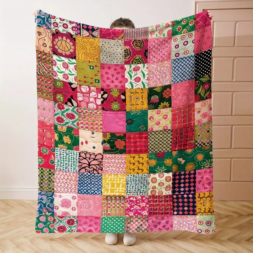 Bright Patchwork Flannel Cooling Blanket, Floral-Geometric Pattern, Soft Warm Throw for Mid-Century Modern Home Decor, Bed Essential Gift, Cooling Blankets