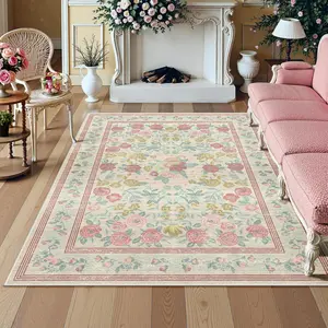 Romantic French Country Style Rose Carpet, Soft Velvet Non-Slip Pet Friendly Washable Floral Machine Washable Rug, Foldable Indoor Area Rugs for Living Room Bedroom Dining Table