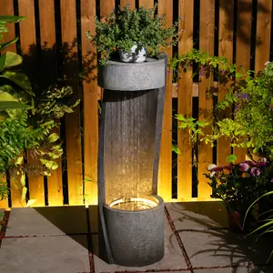 Tankana Decorative Tiered Outdoor Water Fountain With LED Light Curved Waterfall Fountain With Stone Planter Patio Water Fountain Garden Waterfall 35H Resin
