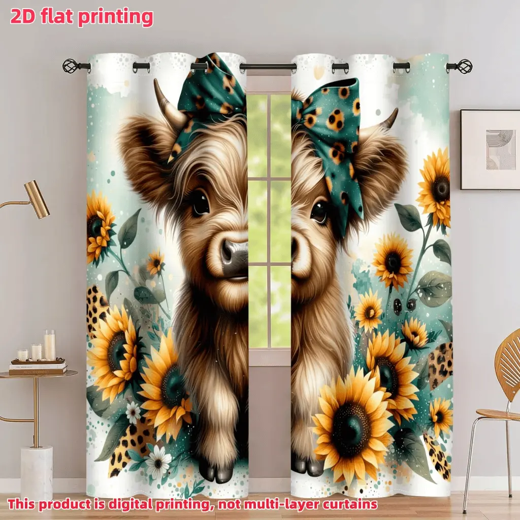 2D Flat 2Pcs Cute Fluffy Highland Cow Print Curtains with Sunflower & Leopard Spots, Farmhouse Style Semi-Shading Window Drapes, Curtain Panels for Living Room, Bedroom, Kitchen, Office, Home Decor, Home Decorative Curtain, Privacy Protection.