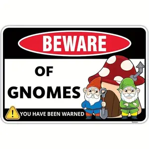 Funny Gnome Beware Metal Iron Sign - 8x12 in, Rustic Farmhouse Decor, Novelty Decor, Outdoor Garden Plaque, Ideal Gift for Women