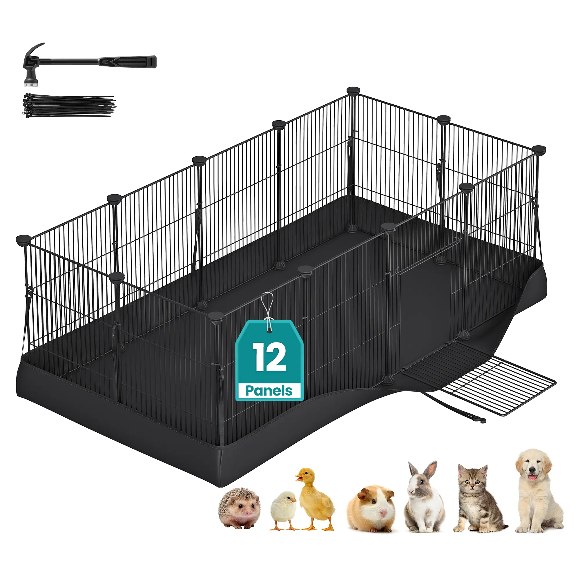 SONGMICS Guinea Pig Playpen Cage, Steel Wire Small Animal Enclosure for Rabbit, 47.2x23.6x15.7in Black Indoor Secure Space with Waterproof Mat and Door