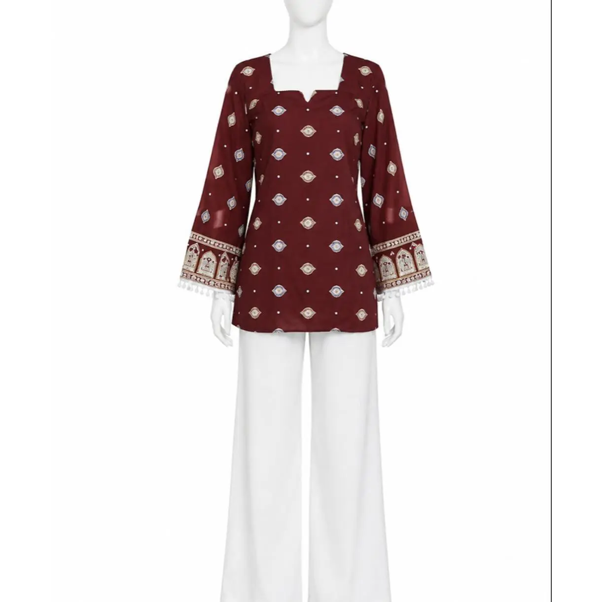 Short Kurti with Flare Sleeves and Border Design, Perfect for Jeans