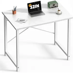 32 Inch Small Computer Desk, Modern Simple Writing Study Table with X-Shaped Reinforcement Structure, Compact Home Office Desk for Bedroom, Heavy Duty Square Tube Legs Support 265 lbs, Easy Assembly, Wood Grain Finish