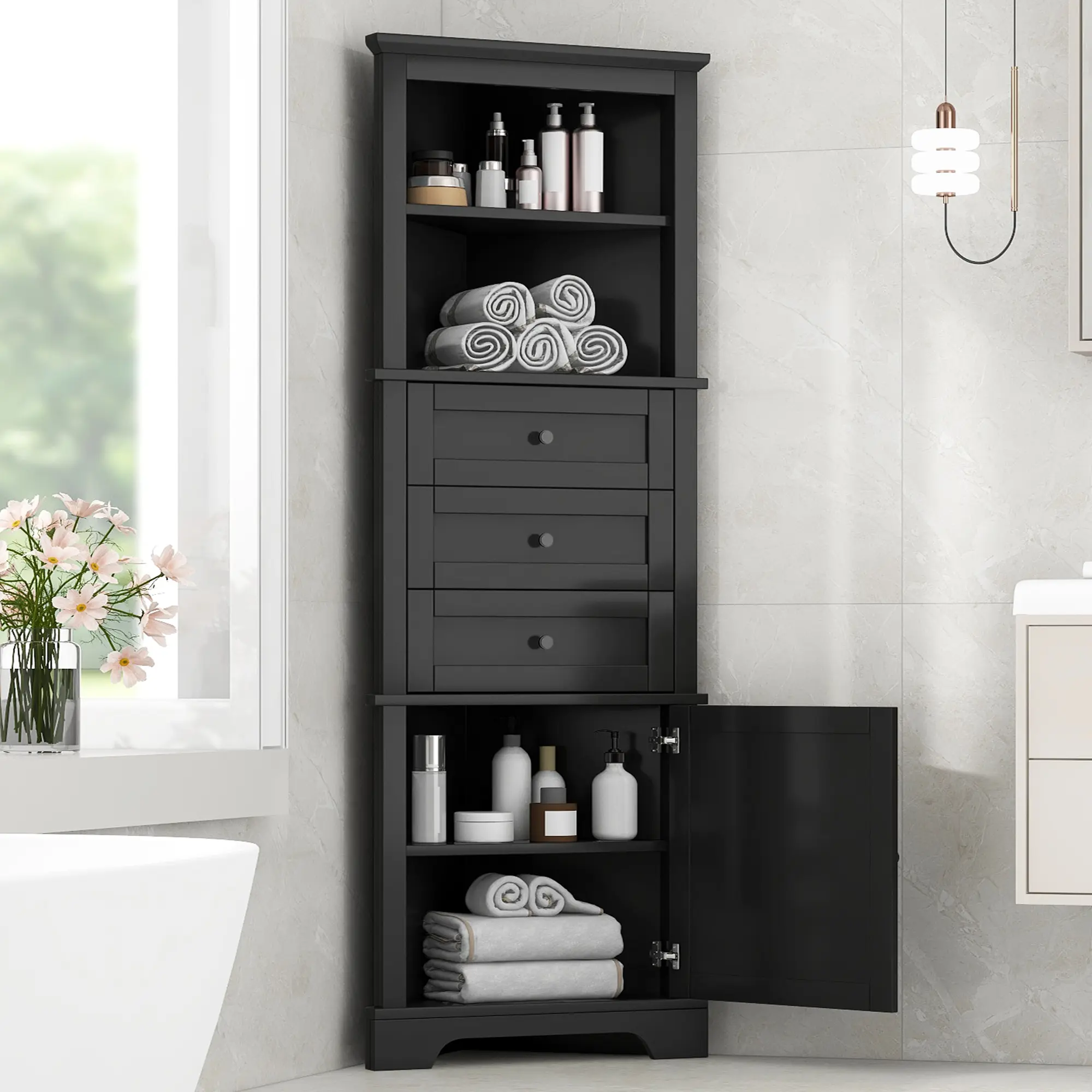 Tall Corner Cabinet with 3 Drawers and Adjustable Shelves, MDF Painted Finish, 68.9" H, Space-Saving Storage for Bathroom, Kitchen, Living Room, Water-Resistant, Metal Handles, Assembly Required, Black
