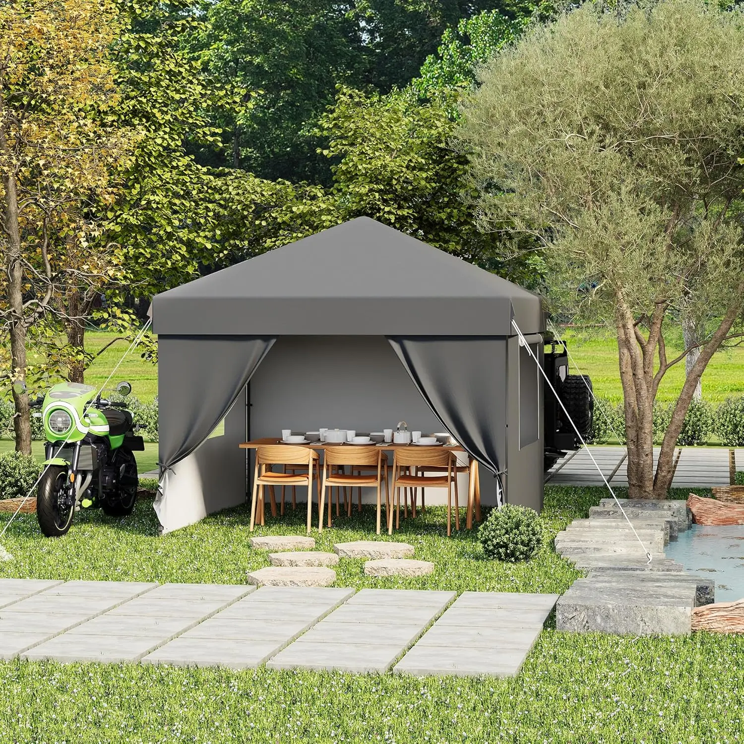 10x10 ft Pop Up Canopy Tent, Waterproof 210D Oxford Fabric Shelter with 4 Removable Walls and Windows, Adjustable Height Steel Frame for Outdoor Events, Beaches - Includes Wheeled Bag, Sunshade Canopy, Farms, 8 Stakes, Assembly Required, Commercial Areas,