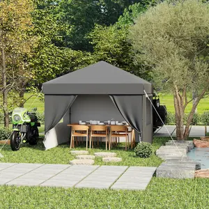 Outdoor Canopy 10X10 FT Pop Up Canopy Tent with Removable Sidewalls and Windows, Adjustable Heights Portable Instant Shelter, Wheeled Bag, 4 Sandbags 4 Ropes & 8 Stakes, One Button Push Setup