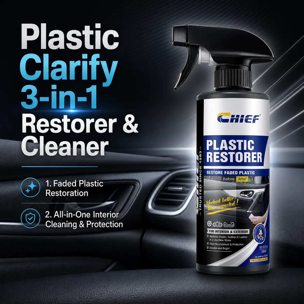 CHIEF 3-In-1 Plastic Restorer Spray - Automotive Trim Cleaner, Tire Shine, UV Protection Reviver for Faded Plastic, Rubber, Leather | Auto Detailing Supplies, Interior Cleaner Protectant, Car Cleaning Products, Surface Cleaner, Exterior Detailing Products