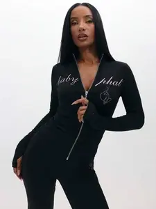 BABYPHAT Women's High Neck Long Sleeve Jersey Zip Up Top With Glitter Script Print And Thumb Holes For Casual Wear