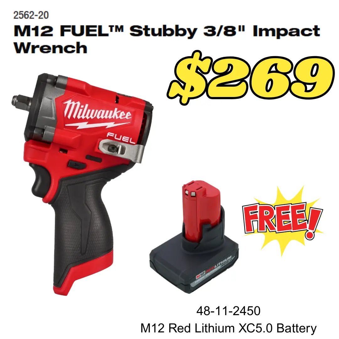 M12 FUEL™ Stubby 3/8" High Torque Power Tool Impact Wrench, Multi-Speed Modes Nut Removal Tool with Free XC5.0 Rechargeable Battery Drill Accessory