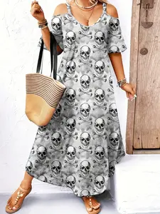 Women's Skull Print V-Neck Sleeveless Dress, Loose Fit Comfortable Long Dress, Casual Summer Fashion, Plus Size Available, Casual Bohemian Dress