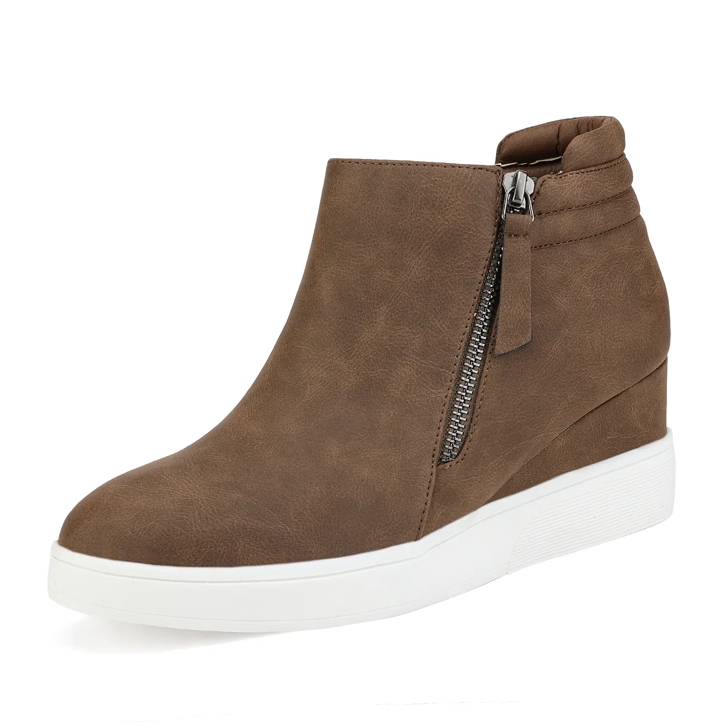 Dream Pairs Women's Platform Wedge Ankle Boots, Casual Comfortable Heels with Perforated Upper, Zip-Up Walking Shoes with Elastic Band, Footwear, Casual Shoes, Wedge Heel, Daily Wear, Brown Wedge Bootie, Women's Shoes