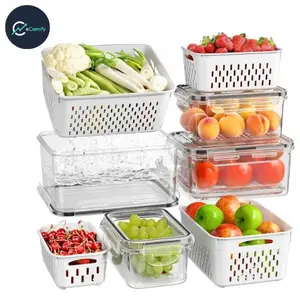 [eComify] Fruit & Vegetable Organizer with Double Drainer - 4-Pack Durable Kitchen Preserving Container, Multi-Size Sealed Locking Food Storage, Fruit Drainage, 0.6 - 6.7 Pt Capacity, Achieve Ultimate Organization