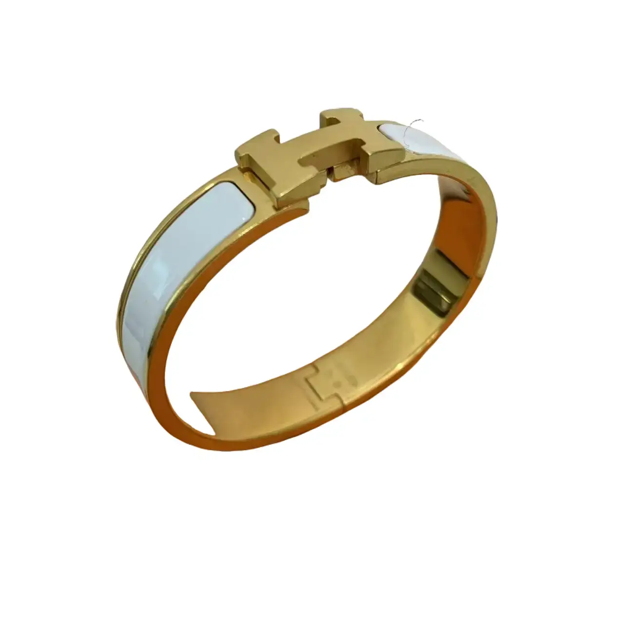Pre-owned Hermès Mini Clic H White Enamel Metal Bangle Bracelet with Gold Plated Hardware, H Shaped Snap Clasp, Casual Formal Unisex Style, Original Orange Box Included, TKB00000276