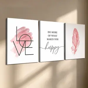3 Pcs/Set Wooden-Framed Canvas Painting, "Love & Happy Quote" Pink Watercolor Triptych Canvas Wall Art, Minimalist Feather Print for Living Room, Bedroom, Office Decoration, Modern Home Decor, Fashion Artistic Ornaments, Artwork
