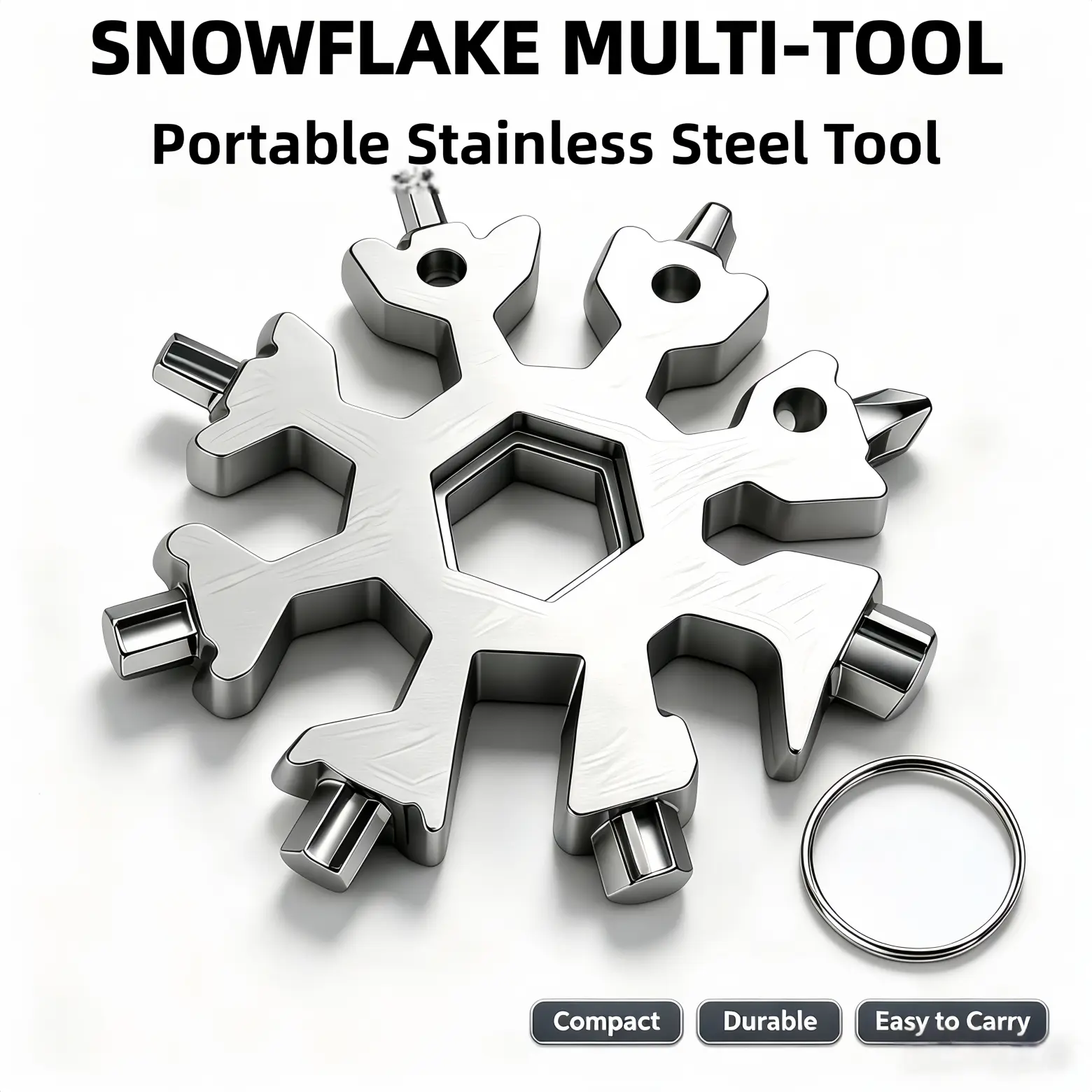 Standard Snowflake Multi-Tool Keychain, Silver & Rainbow Stainless Steel Portable Pocket Wrench, Mini Repair Gadget for Camping & Household Use
