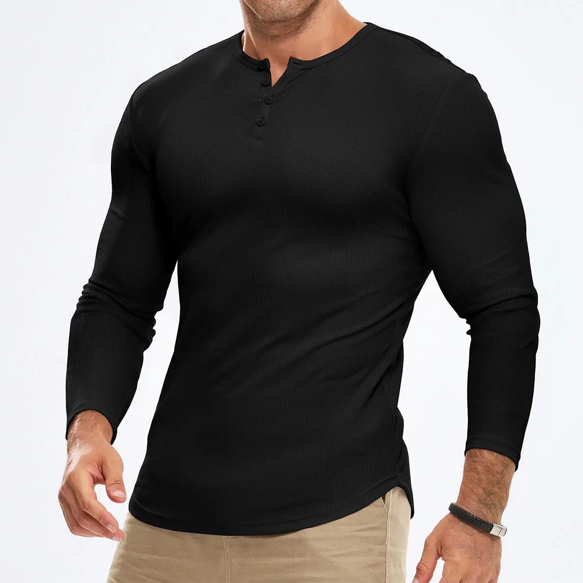 JMIERR Mens 2026 Fall Fashion Casual Henley Shirt Long Sleeve T-Shirt Slim Fitted Shirts Curved Hem for Athletic Gym Workout