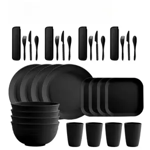 32-Piece Wheat Straw Water Cup Plate Bowl Tableware Set, Bowls Plates Dishes Spoons, Eco-Friendly Reusable Dinnerware, Square Dinnerware Set