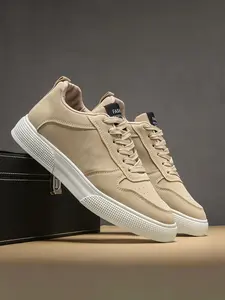 Men's Low-Top Skate Sneakers, Trainer, Sports Shoes, Olive Faux Leather, Rubber Sole, Minimalist Design, Durable PVC, Lace-Up, Round Toe, Urban Style, Casual