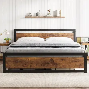 Garvee King Size Metal Platform Bed Frame with Wooden Headboard and Footboard, 14 Inch Tall Industrial Design, Sturdy Steel Slat Support, Under Bed Storage, No Box Spring Needed, Rustic Brown Finish