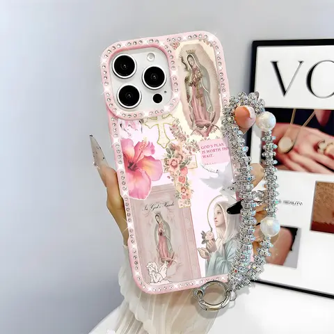 Virgin Mary Pattern Bling Glitter Phone Case with Sparkle Rhinestone Diamond , Airbag Anti-Fall Crystal Cover for iPhone 18 17 16 15 14 13 12 11 Pro Max Plus Air